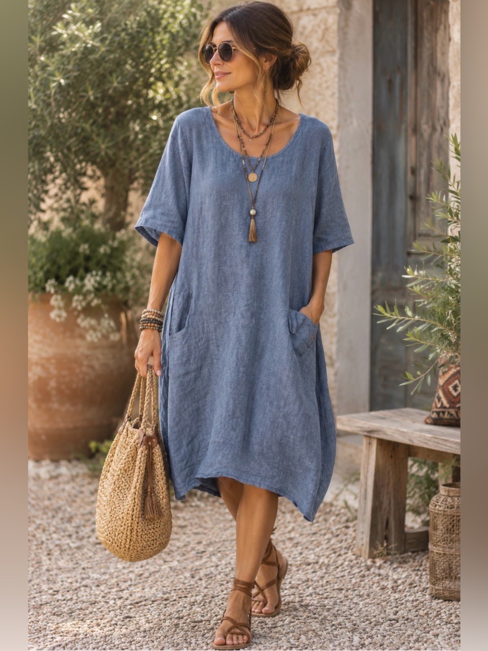 Relaxed Blue Linen Dress With Pockets